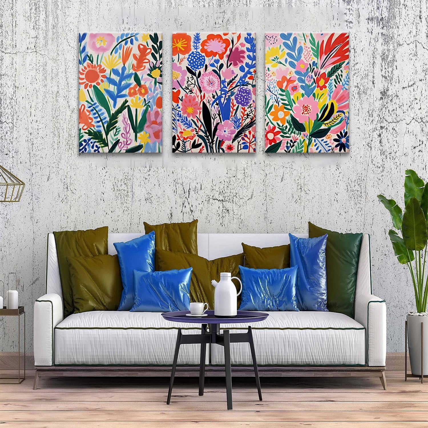 Henri Matisse Wall Art Colorful Floral Painting Canvas Prints Set of 3 Flower Market Poster Pictures Watercolor Wall Decor for Nursery Living Room Bedroom Bathroom 12"x16" Framed