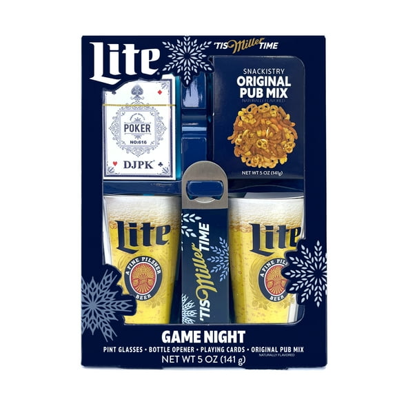 Miller Lite Game Night Set with Two Pint Glasses, Cards, Bottle Opener, and Snack Mix, 5oz