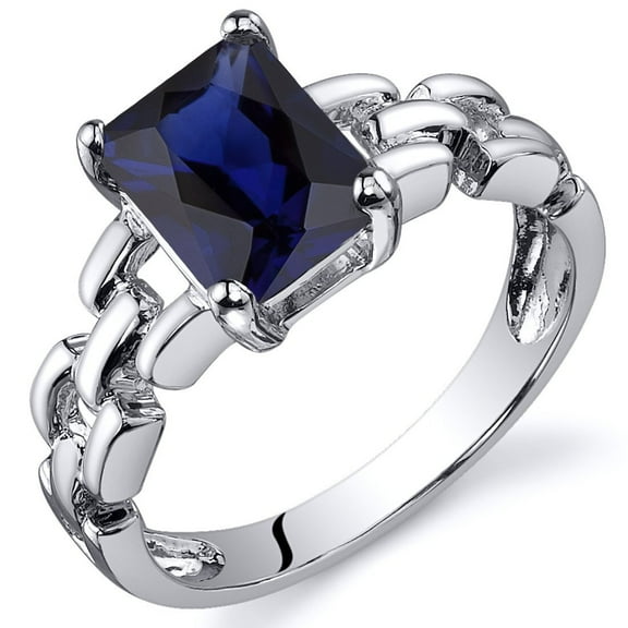 PEORA Created Blue Sapphire Chain Link Ring for Women 925 Sterling Silver, 2 Carats Radiant Cut 8x6mm, Size 7