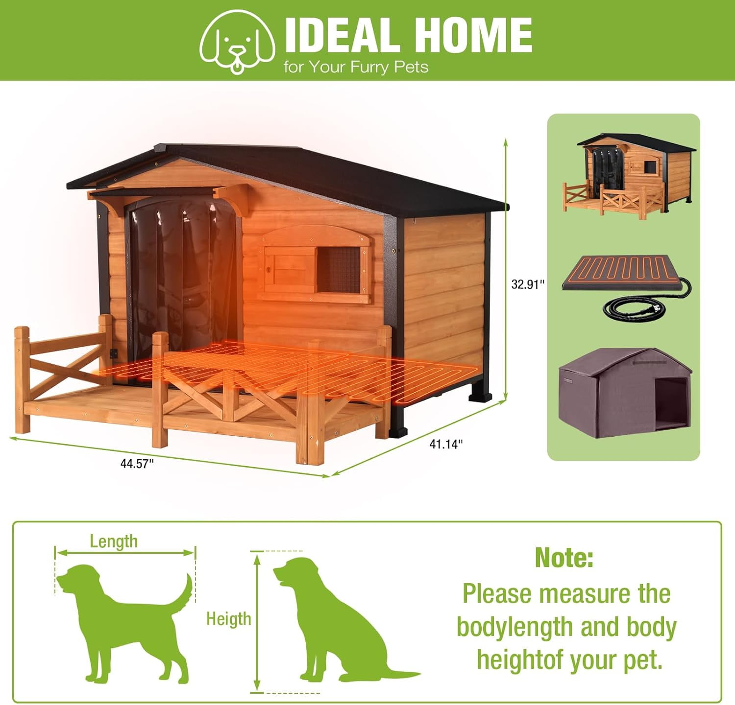 MEDEHOO Large Heated Dog House Outdoor Dog Kennel Safe Winter Shelter with Thermostat-Controlled Heating Pad, Chew-Proof Metal Frame and 6-Sided Insulated Liner for Small to Large Dogs (Brown)