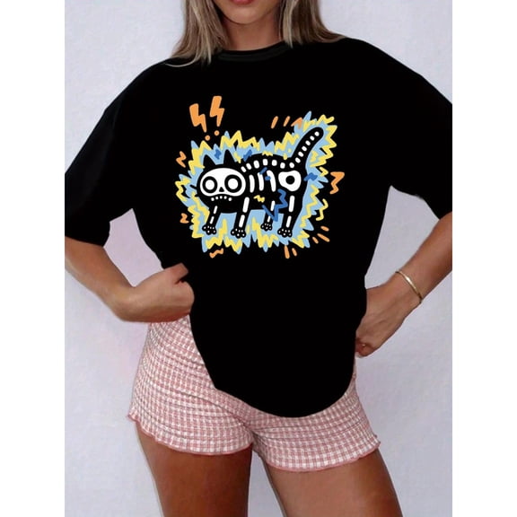Women's Funny Skull Cat Graphic Tee, Short Sleeve Halloween T-Shirt, Vintage Print Tops, Round Neck Summer Tees,Fashion,cotton,black,S-5XL