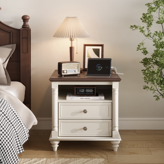 OKD Farmhouse Nightstand, 3 Drawer Wood Side Table with Charging Station for Bedroom, Living Room - Antique White