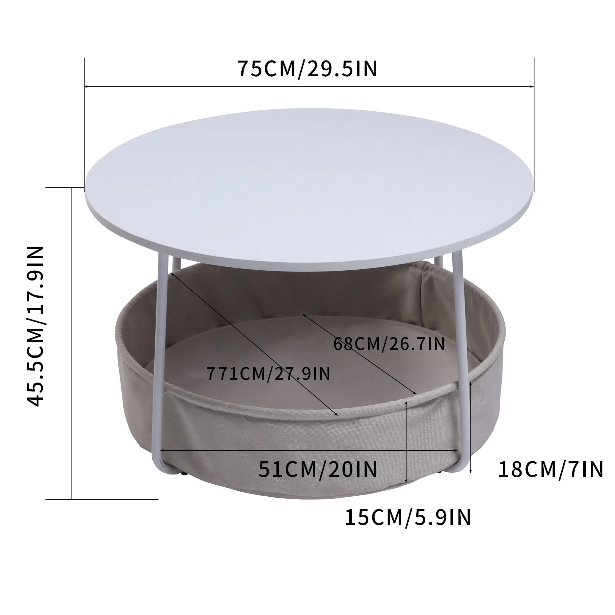 Homy Casa Coffee Table with Fabric Storage Basket, Round Table for Living Room Corner, White