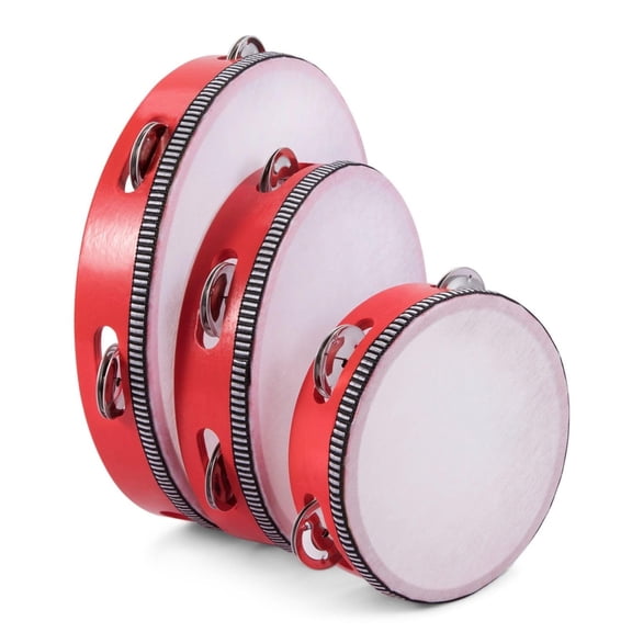 Flexzion Wooden Round Tambourine for Kids and Adults 10, 8, 6-Inch Single Row 8 Pair Jingles, Red Handheld Percussion Instrument for Beginner and Professional Tambourine Player, 3 Pack
