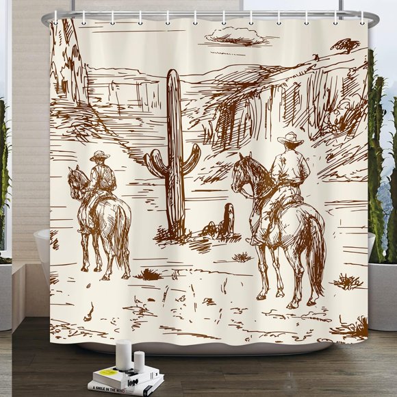 Desert Denim Cowboy Shower Curtain - Country Western Boho with Cactus & Horse Design, Fabric Men’s Cool Shower Curtain, 70x70IN, Includes 12 Hooks