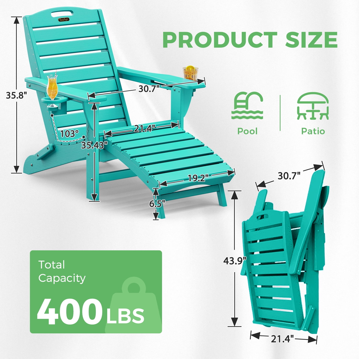 Folding Adirondack Chair with Ottoman Set of 2 HDPE Patio Chair Pull Out Footrest with 2 Cup Holders Garden Lawn Lake Blue