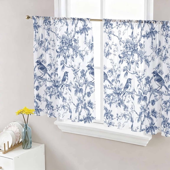 Blue Botanical Semi Sheer Window Curtains 54 Inches Long, Vintage Botanical Birds Rod Pocket Voile Silky Chiffon Curtain Light Filtering Drapes for Living Room, Kitchen, Bedroom, 52"x54", 2 Panels