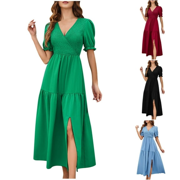 Abtuhar Women Dresses,Casual Dresses for Women,Women's Fashion Fallow V-Neck Short Sleeve Solid Color Slit Dresses