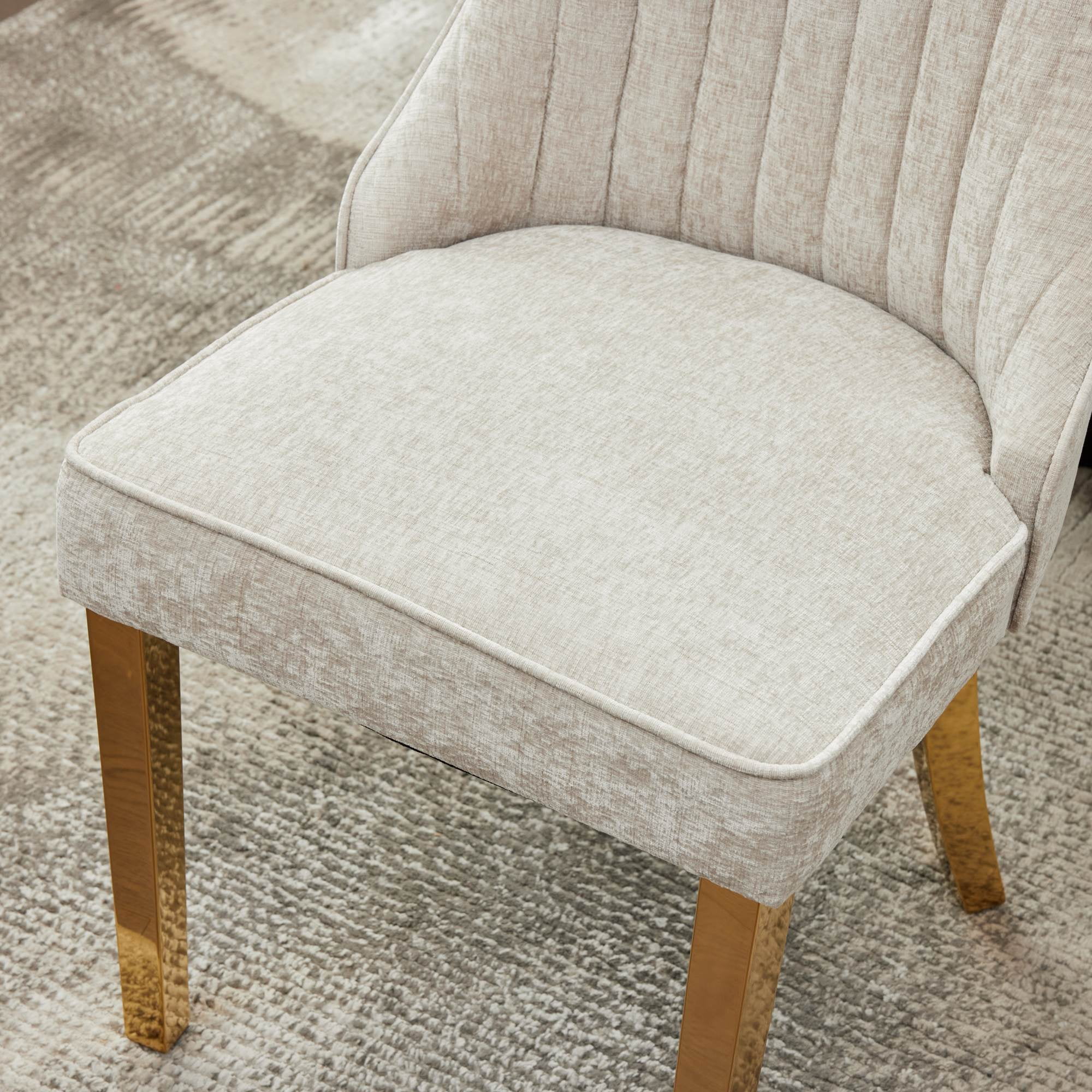 Aukfa Modern Chenille Dining Chairs Set of 2, Upholstered Kitchen Side Chair Accent Chair w/ Golden Steel Legs,Beige