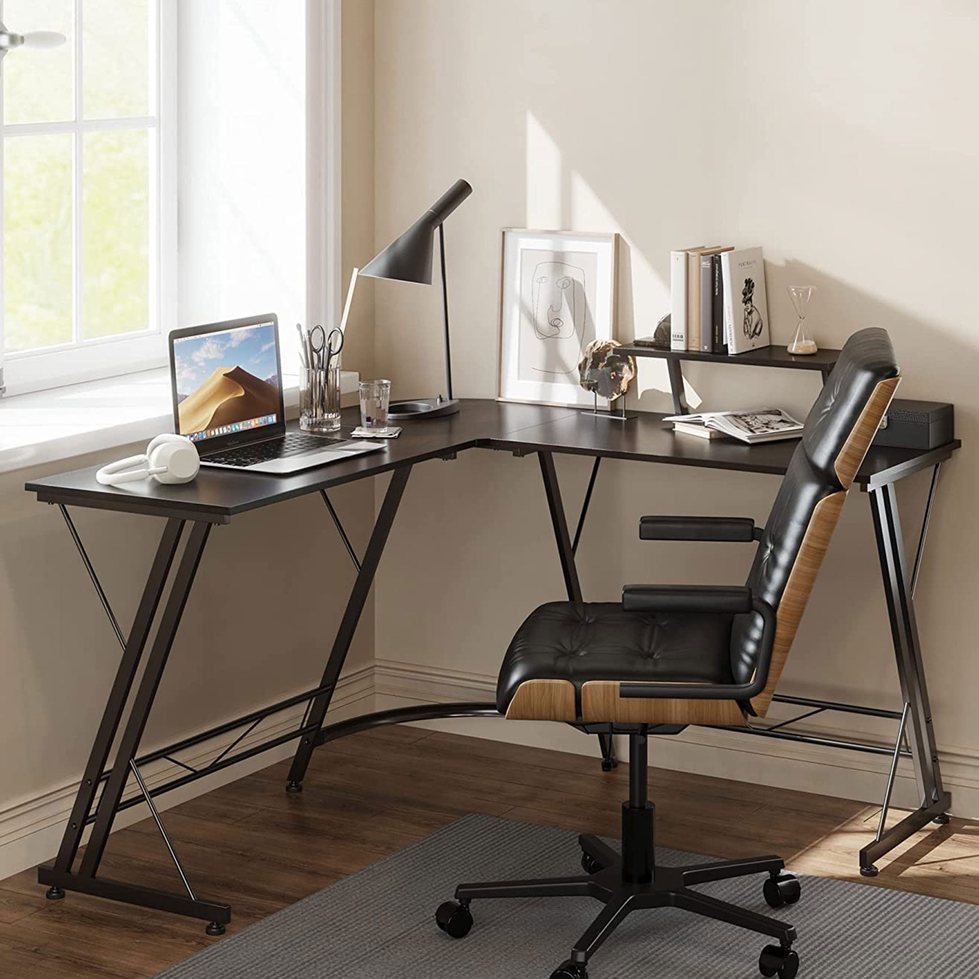 Somdot L Shaped Corner Gaming & Computer Desk w/Monitor Stand, Black Walnut