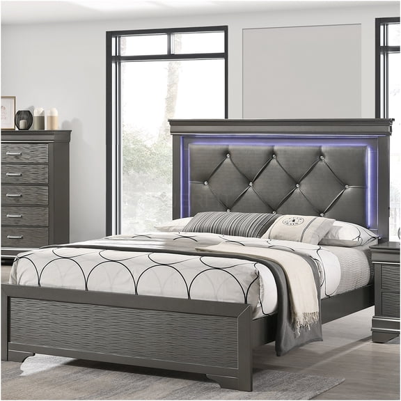 JERFIT Queen Size Bed Frame with LED Headboard, Dark Gray Upholstered Platform Bed with Tufted Fabric and Storage Footboard, Modern Bedroom Furniture