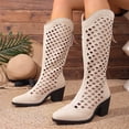 thumbnail image 6 of Purcolt Womens Hollow-out Mid-Calf Boots Vintage Trendy Faux Suede Pointed Toe Block Heel Booties Comfort Casual Non-Slip Western Cowgirl Boots with Back Zip, 6 of 9