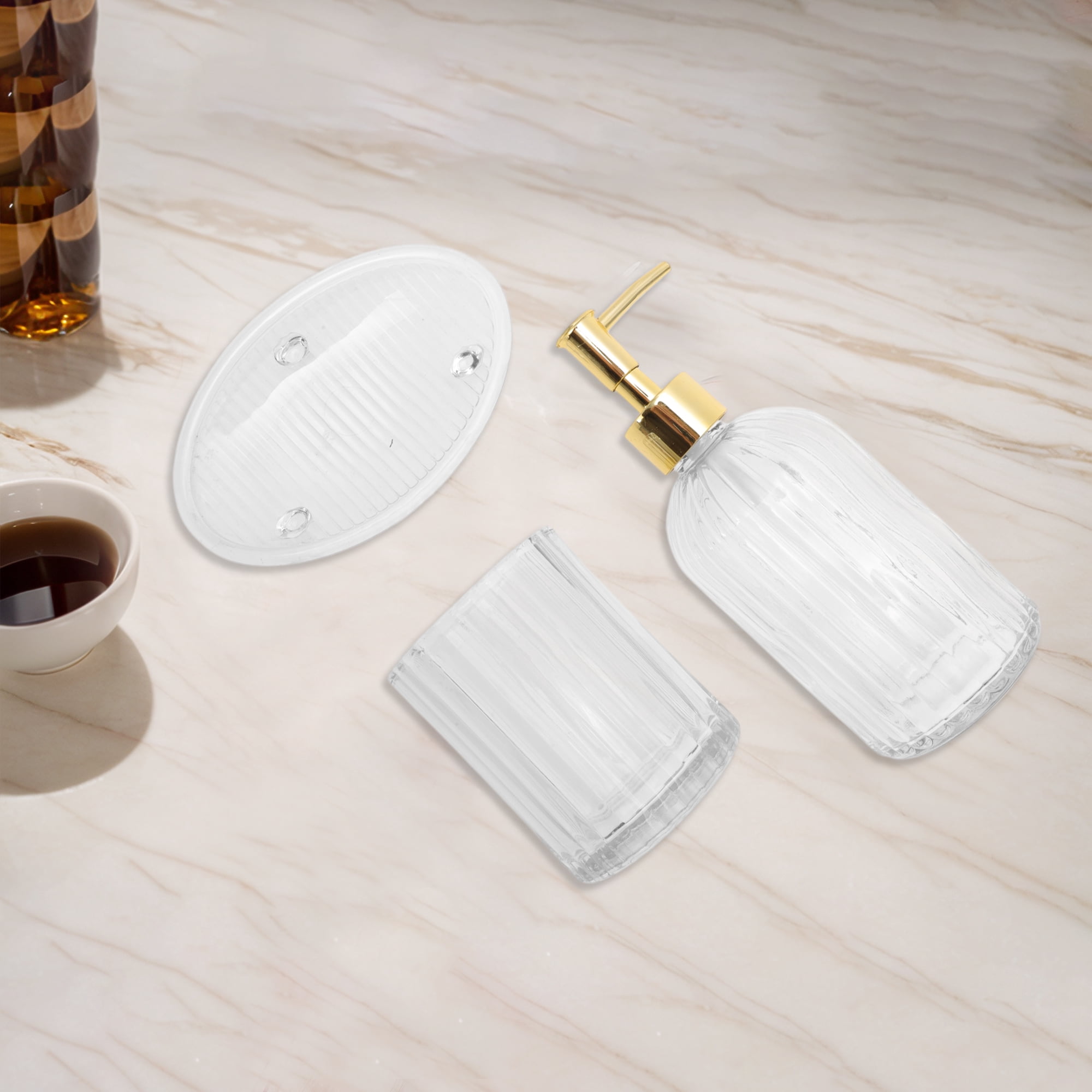 Unique Bargains 3Pcs Reusable Stripes Bathroom Accessories Set Clear