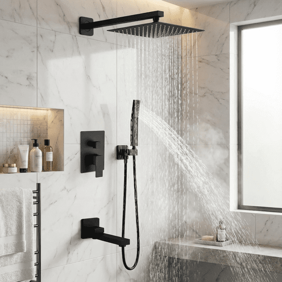 Nygira Rainfall Bathroom Shower System Rain Shower Head and Handle Set, Wall Mounted Shower Faucet Set with Tub Spout, Rough-in Valve, Black