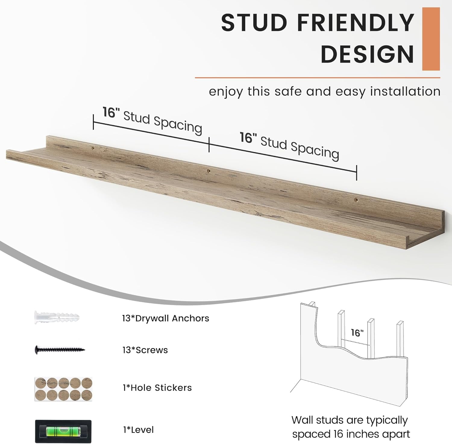 Floating Picture Ledge Shelves Set of 4, 48 Inch Wall Mounted Wood Shelf with Lip for Nursery Bedroom Living Room Decor and Storage