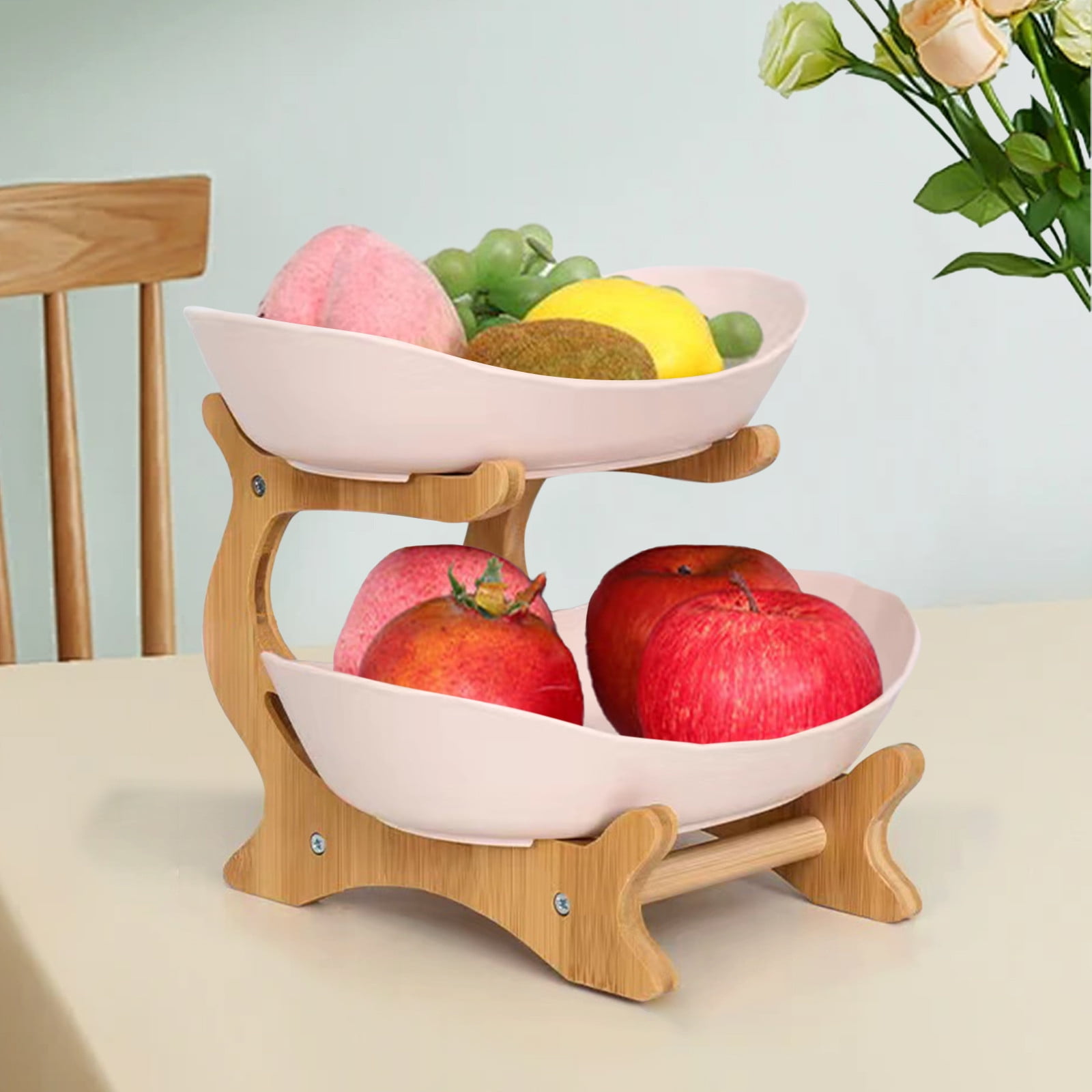Tiitstoy Fruit Basket for Kitchen Counter, with Wood Holder, 3/2/1 Tiered Large Capacity Fruit Basket Oval Tiered Fruit Bowl Set for Kitchen Counter, Parties, Gatherings, Restaurant, Family Events