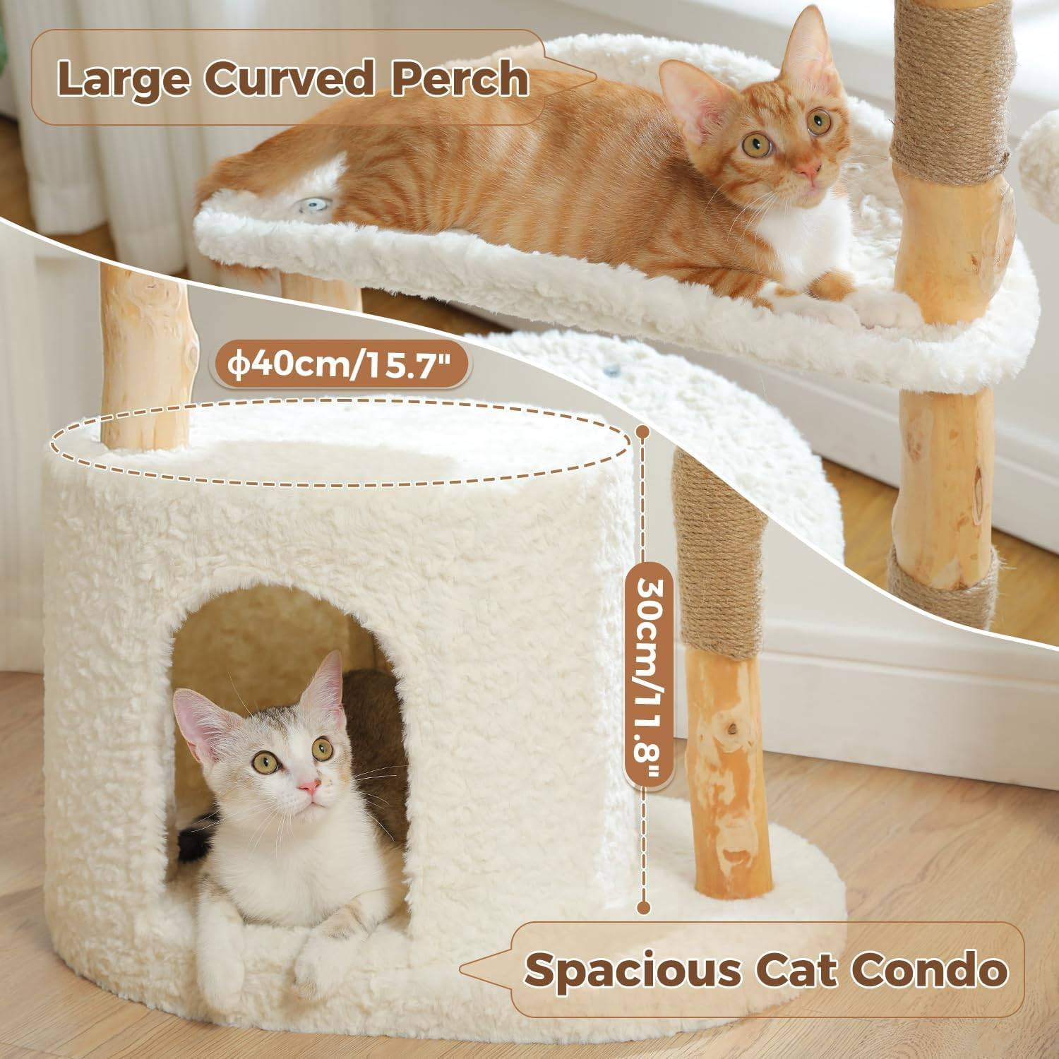 PEQULTI 38''Modern Cat Tree with Large Condo and Wood Sisal Scratching Post for Indoor Cat White