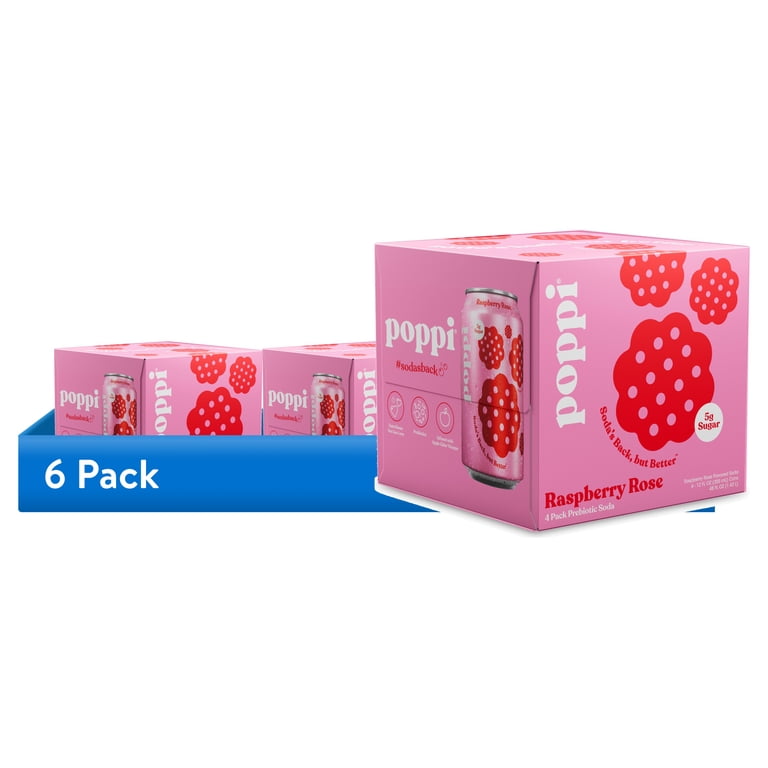 6 pack) poppi Raspberry Rose Prebiotic Soda, 12 fl oz, 4 Pack Cans