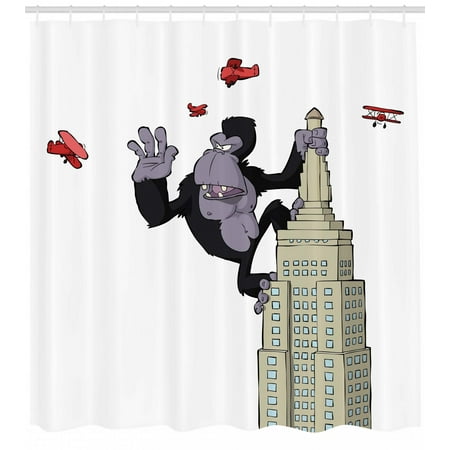 Monkey Drapery Fabric - Animal Shower Curtain, Cartoon Theme Big Monkey on Skyscraper and Planes on White Background Print, Fabric Bathroom Set with Hooks, Beige Black and Red, by Ambesonne