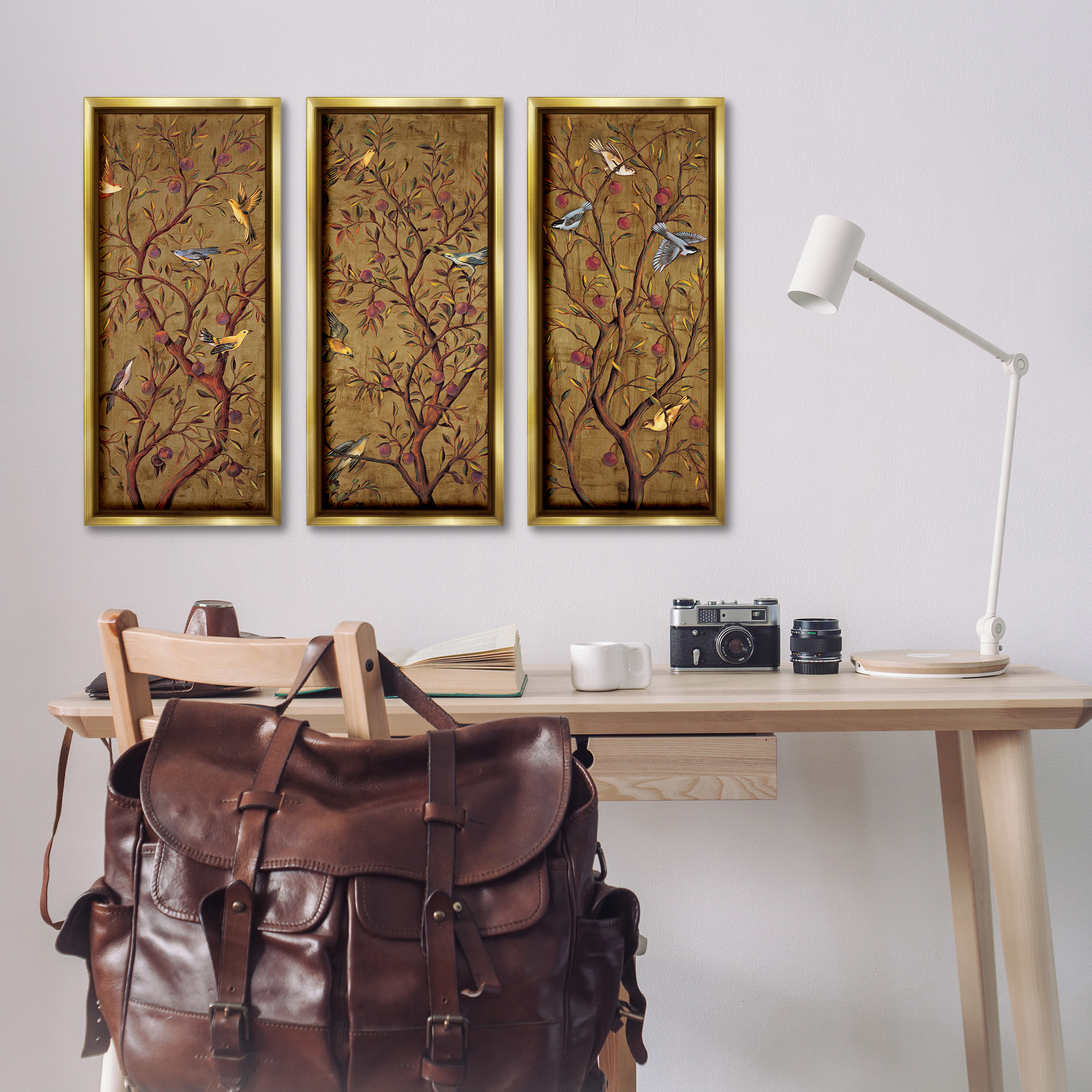 Stupell Industries Regal Plum Tree with Perched Birds Animals & Insects Painting Gold Floater Framed Canvas Art Print Wall Art, 11 x 25, Set of 3