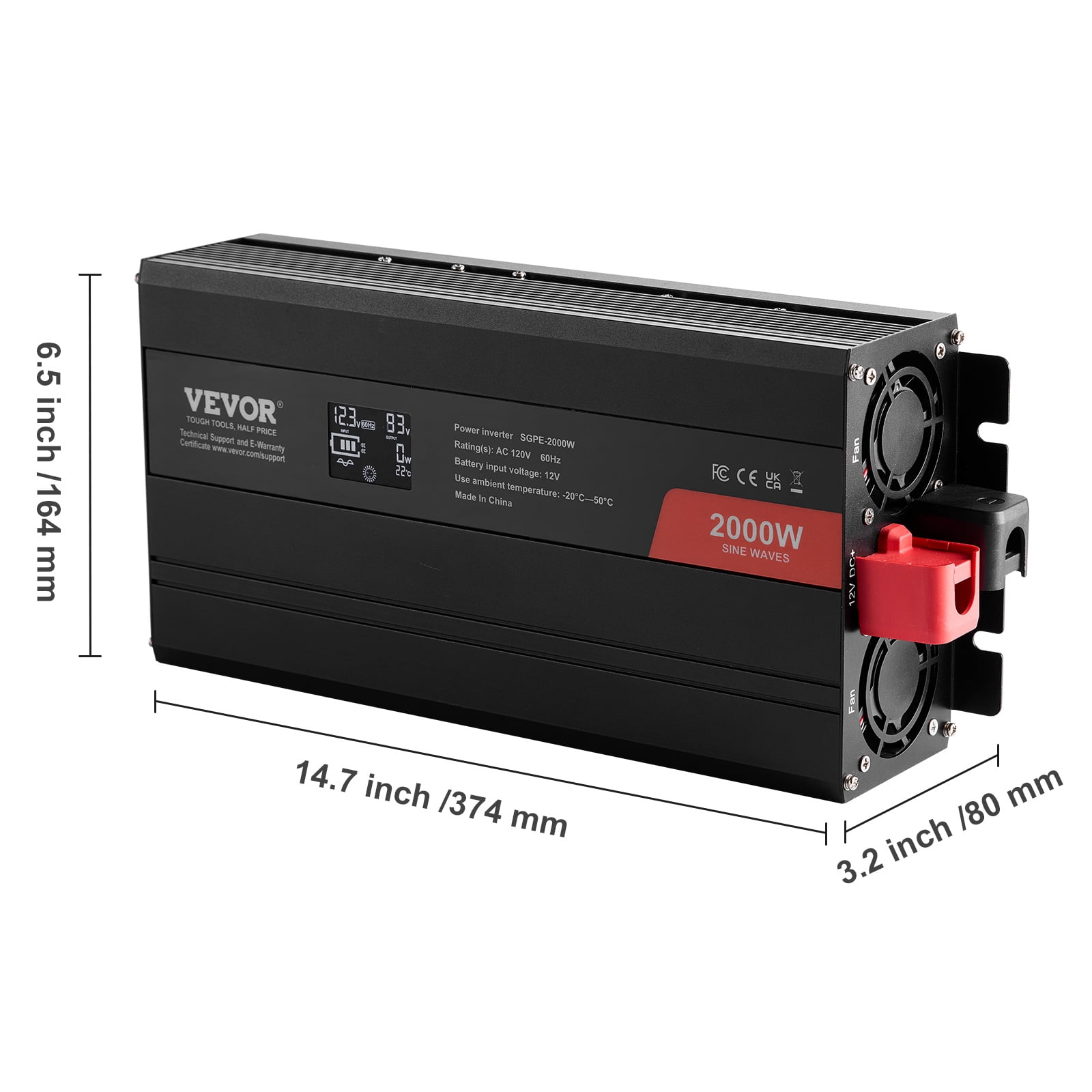 VEVOR Pure Sine Wave Inverter, 2000 Watt, DC 12V to AC 110V Power Inverter with 2 AC Outlets 2 USB Port 1 Type-C Port, LCD Display and Remote Controller for Medium-Sized Household Equipment, CE FCC