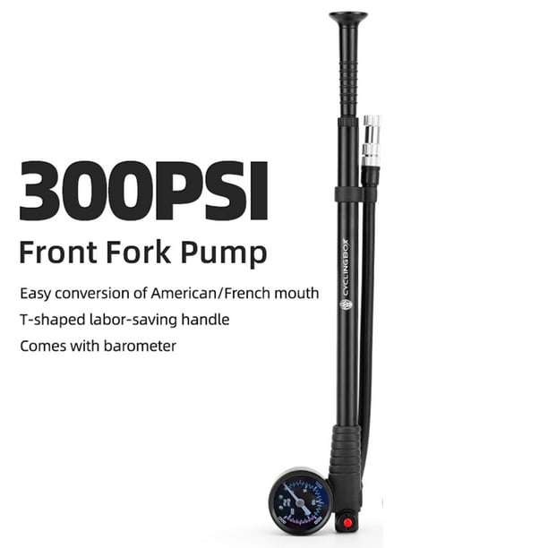 Bomba de amortiguador de bicicleta de alta presión 300 PSI - Horquilla delantera y inflador de neumáticos con manómetro, botón de purgado y manguera flexible