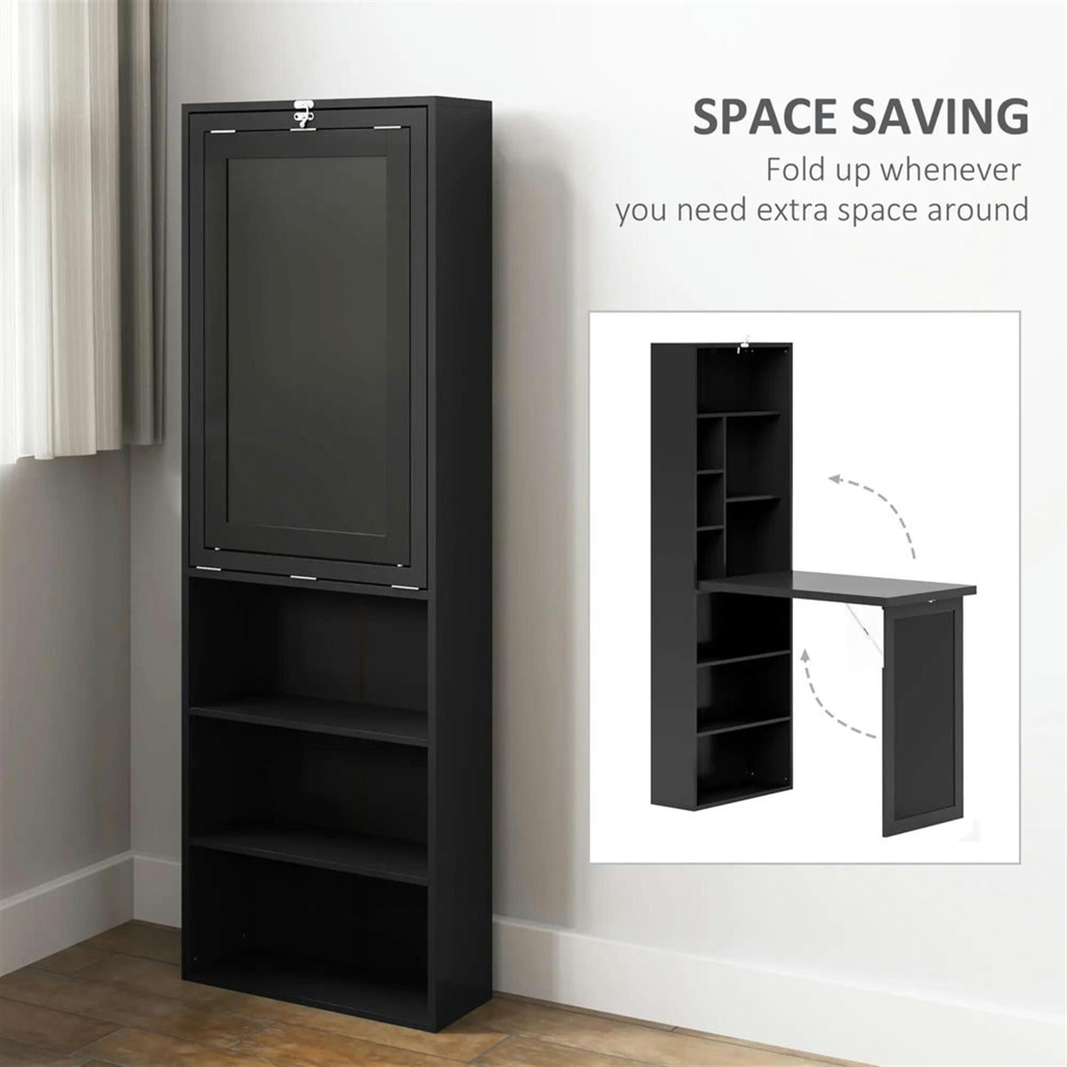 Demi Bonn Folding Computer Desk with Blackboard, Wall-Mounted Home Office, Desk with Side Shelf, Space-Saving, Black