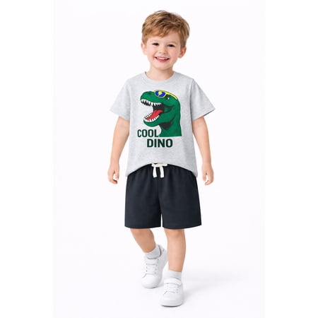 HILEELANG Toddler Boys 100% Cotton Cool Dino T-Rex Short Set, Sizes 2T