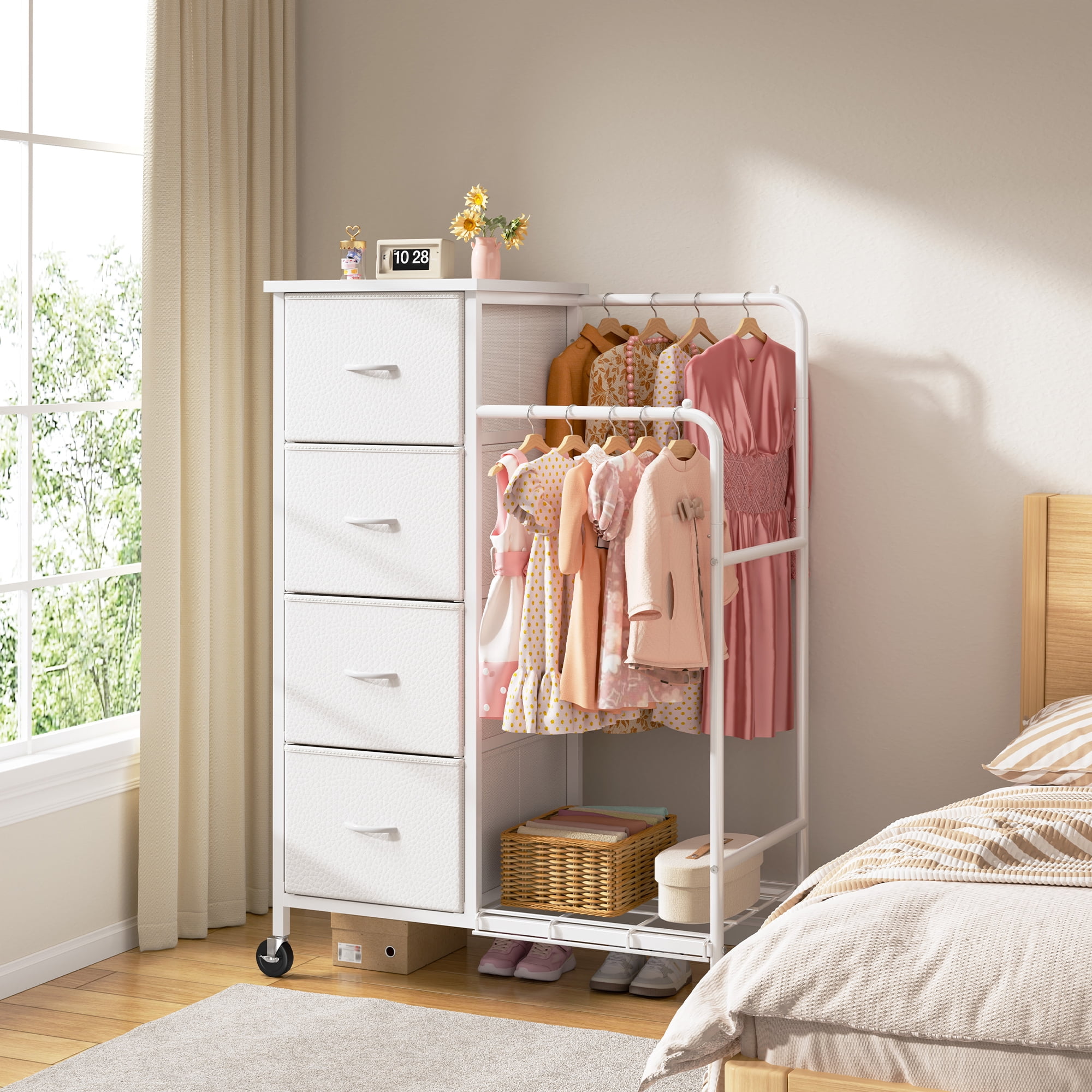 EnHomee Fabric Dresser with 2 Hanging Racks Small Dresser with 4 Drawers for bedroom Small Closet with Clothes Rack, White