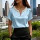 thumbnail image 3 of Eres Más Que Una Camisa de Puntuación de Prueba Moda de Verano de Mujer Color Sólido Casual Cuello en V Top de Manga Corta Mujeres Tops de Verano Casual, 3 of 5