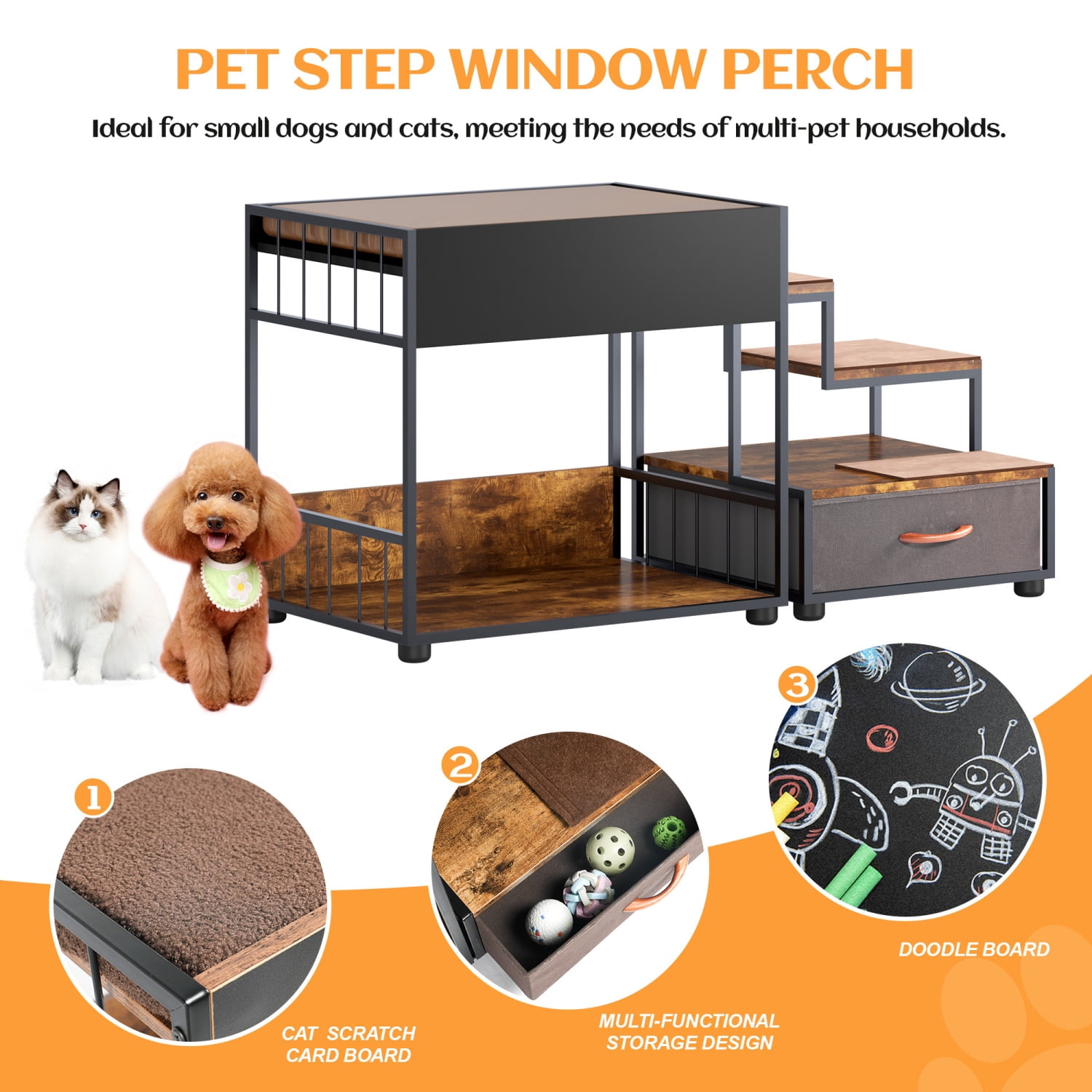 Lisonu Dog Window Perch with Steps, 2-Tier Bunk Bed Pet Platform with Storage Drawer, Removable Cushion, Non-Slip Pad, Multi-Level Cat Dog Lounge for Small Medium Pets, Vintage Black, 90lbs Capacity
