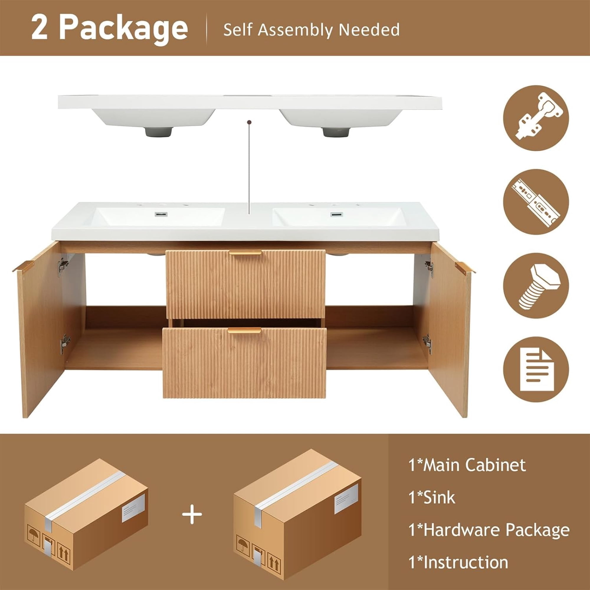 60" Bathroom Vanity with Sink Combo, Floating Double Sink Bathroom Vanity with 4 Drawer, MDF Storage Cabinet with SMC Resin Top, Wall-Mounted Bathroom Vanities (60''-Wood)