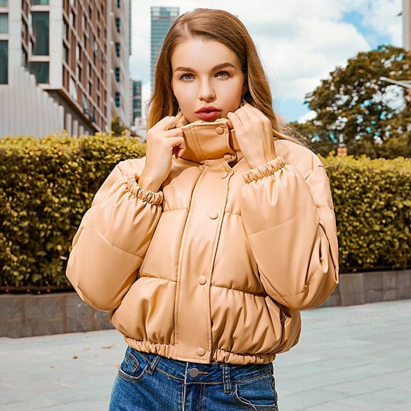 Abrigo de algodón de otoño e invierno, abrigo de cuero estilo europeo y americano, cuello corto de mujer, abrigo de algodón de pan cálido