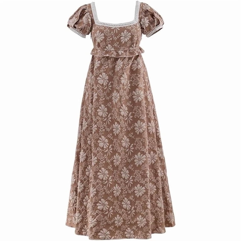 brown regency dress Empire Waist Maxi for Women Vintage Floral Puff Sleeve Square Neck Gown for Elegant Events regency day dress