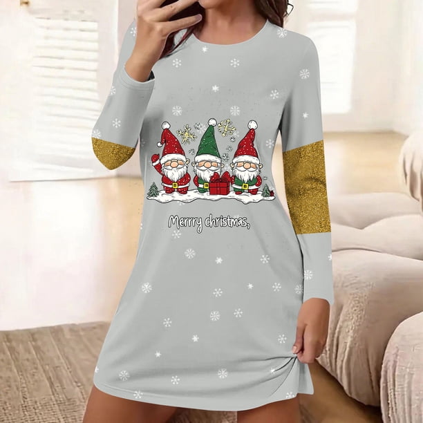 Camisón corto holgado y cómodo con cuello redondo y manga larga estampado para mujer