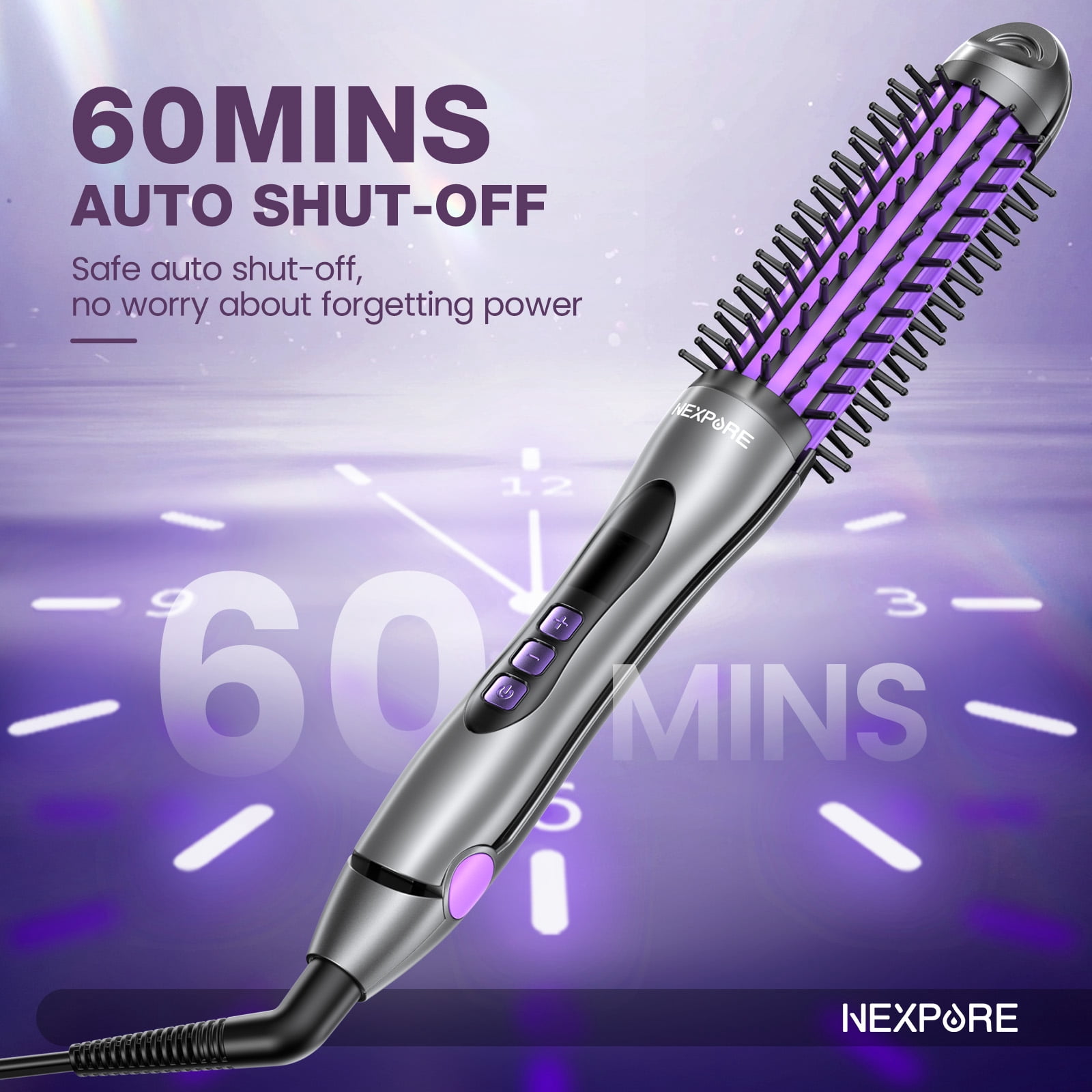 NEXPURE Curling Iron, Ionic Hair Curler Brush and Straightener 2 in 1 for All Hair Types, 30s Fast Heat, Purple