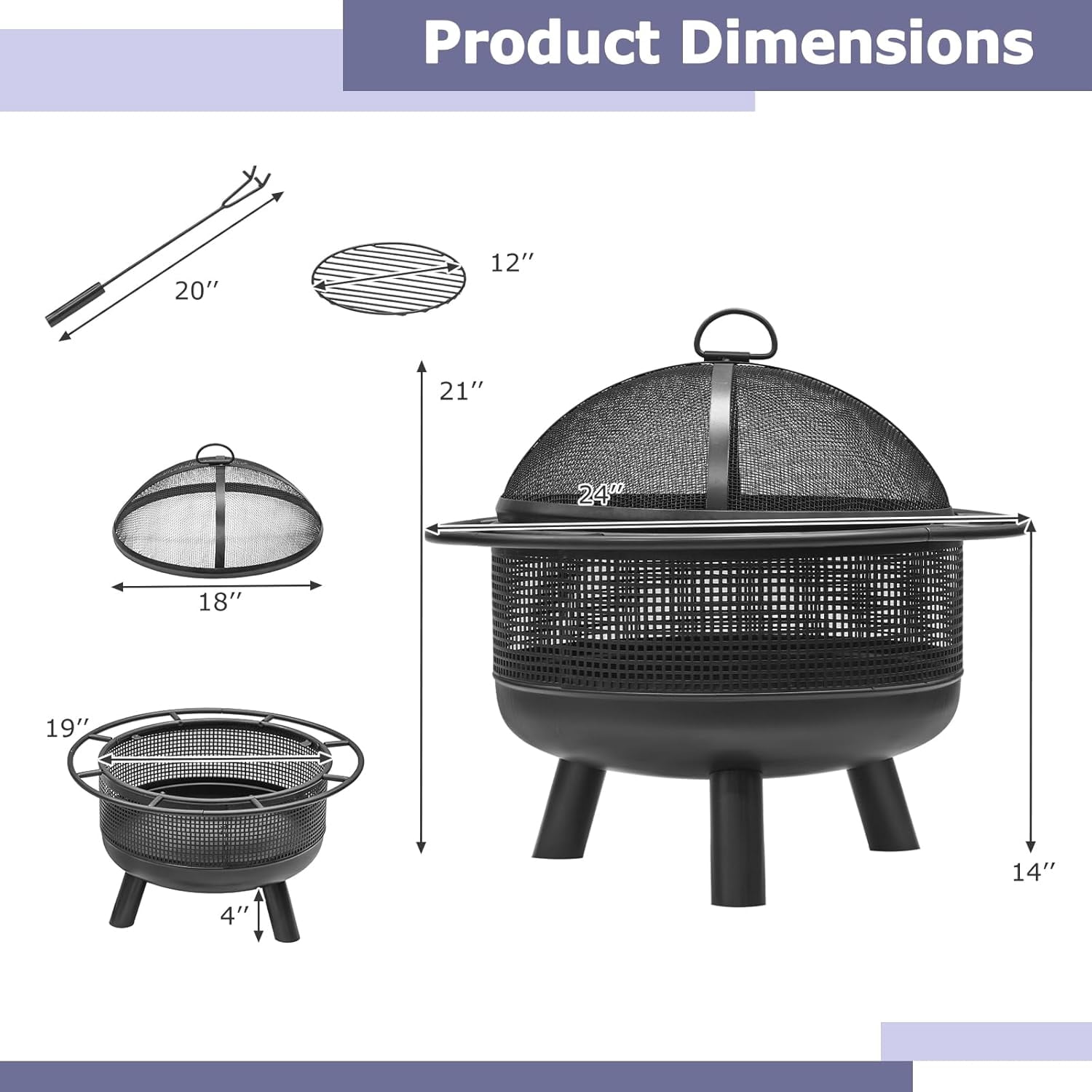 24-Inch Heavy-Duty Metal Outdoor Wood Burning Fire Pit with Spark Screen, Poker, and Log Grate
