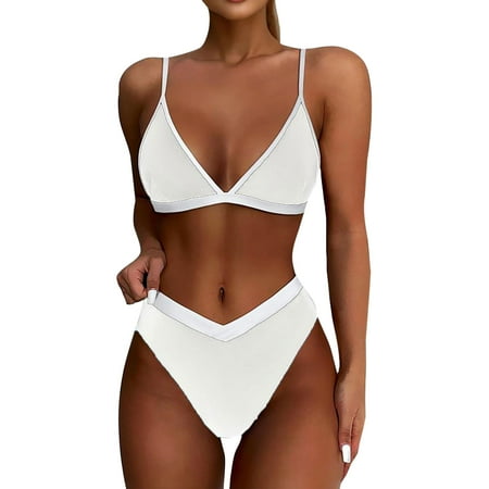 Biziza Two Piece Swimsuit for Women Trendy White with Built in Bra Solid Color 2025 Padded Bikini Sets Split Tummy Control Swimsuits