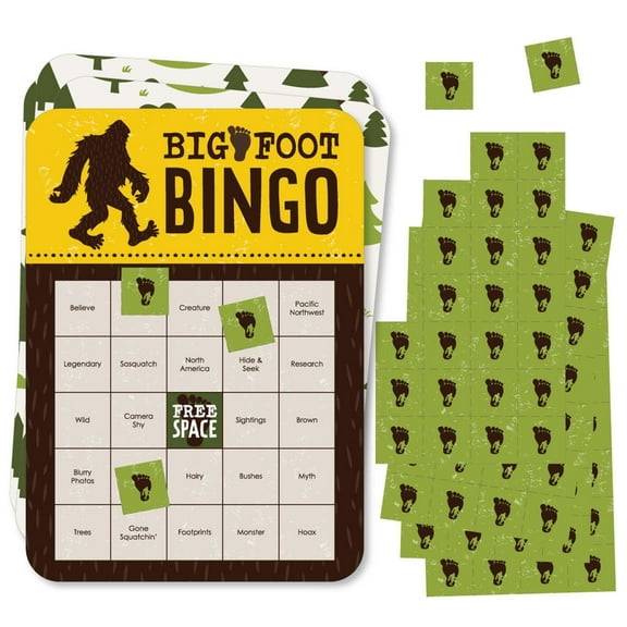 Big Dot of Happiness Sasquatch Crossing - Bingo Cards and Markers - Bigfoot Party or Birthday Party Bingo Game - Set of 18