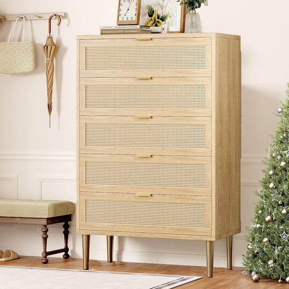 Home Rattan 5 Drawer Dresser 44 inches Tall Narrow Chest of Drawer Farmhouse Wooden Vertical Dresser with Metal Legs and Handles Modern Cabinet for Bedroom/ Living Room -Oak
