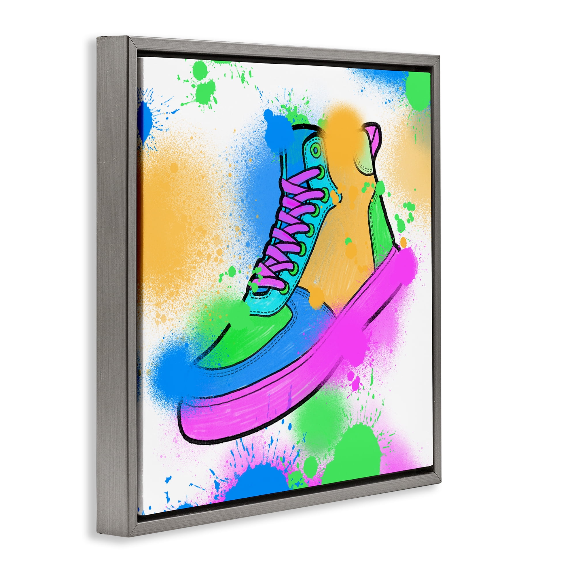 Stupell Industries Splattered Cool Sneakers Entertainment Painting Gray Floater Framed Canvas Art Print Wall Art, 18 x 18