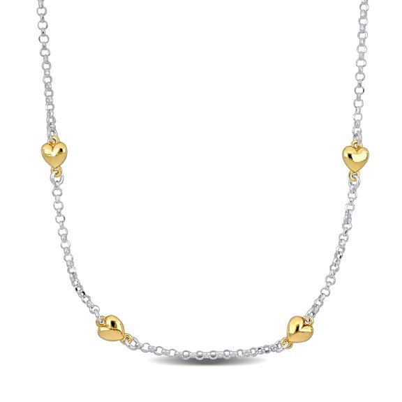 Everly Women's Four Heart Charm Two-Tone Yellow and White Flash Plated Sterling Silver Station Necklace
