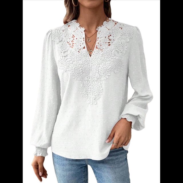 Blusas Bohemias de Larga con Cuello en V para Mujer, Blusas de con Lunares, Ropa de Crochet con Encaje Fluido, Ropa Informal de Moda. M
