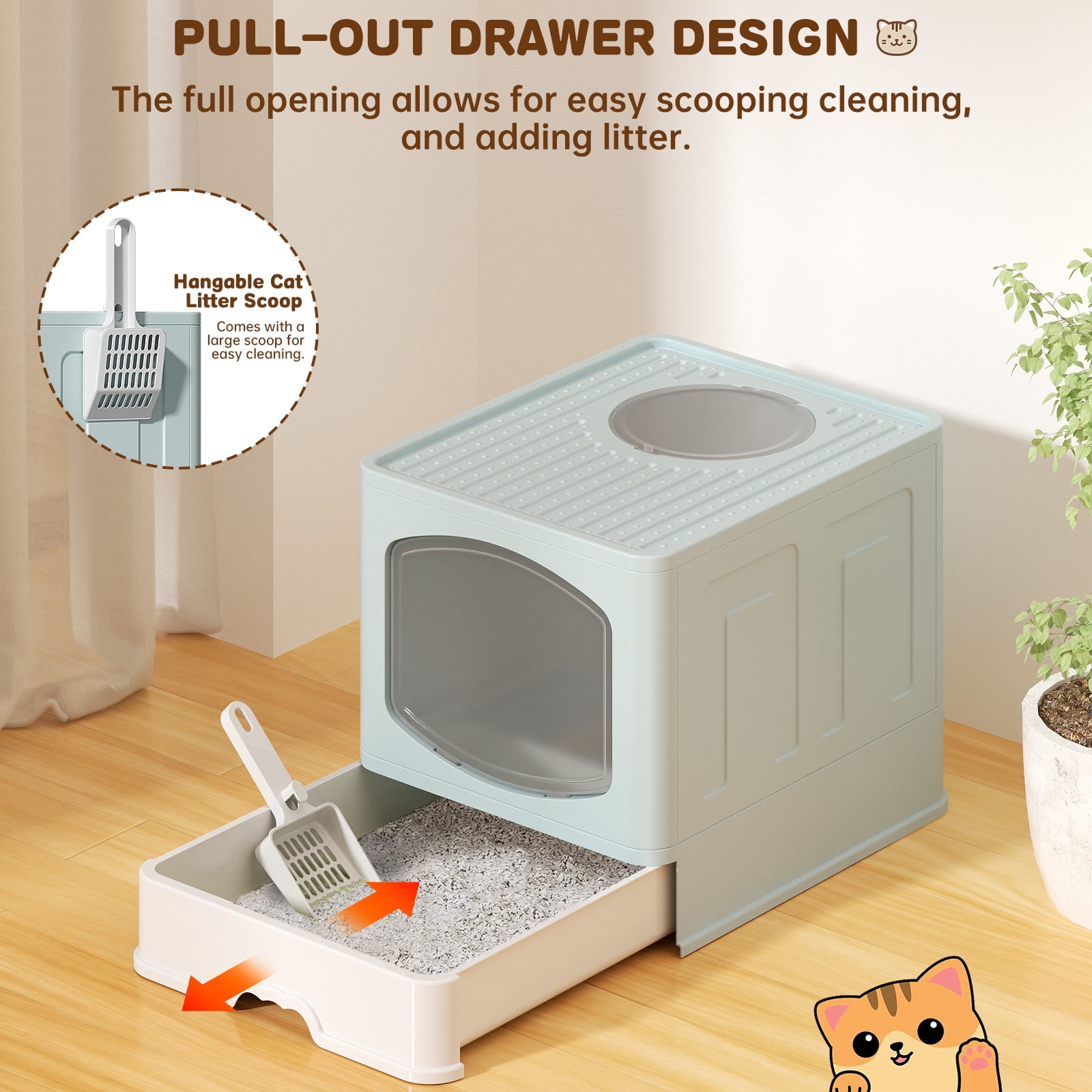 Cshidworld Large Foldable Cat Litter Box with Scoop, Front Entry Top Exit Cat Litter Pan with Lid, Enclosed Anti-Splashing Kitty Litter Box, Drawer Type Cat Litter Easy Cleaning and Scoop, Blue