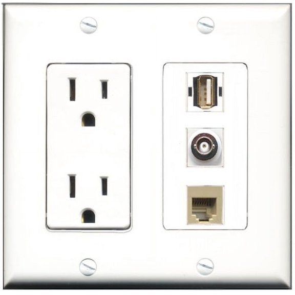 RiteAV - 15 Amp Power Outlet 1 Port USB A-A 1 Port Phone Beige 1 Port BNC Decorative Wall Plate
