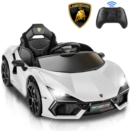 Funcid Kids Electric Ride On 12V Licensed Lamborghini Aventador Battery Powered Sports Car Toy with 3 Speeds Parent Remote Control, Sound System, LED Headlights & Hydraulic Doors, White