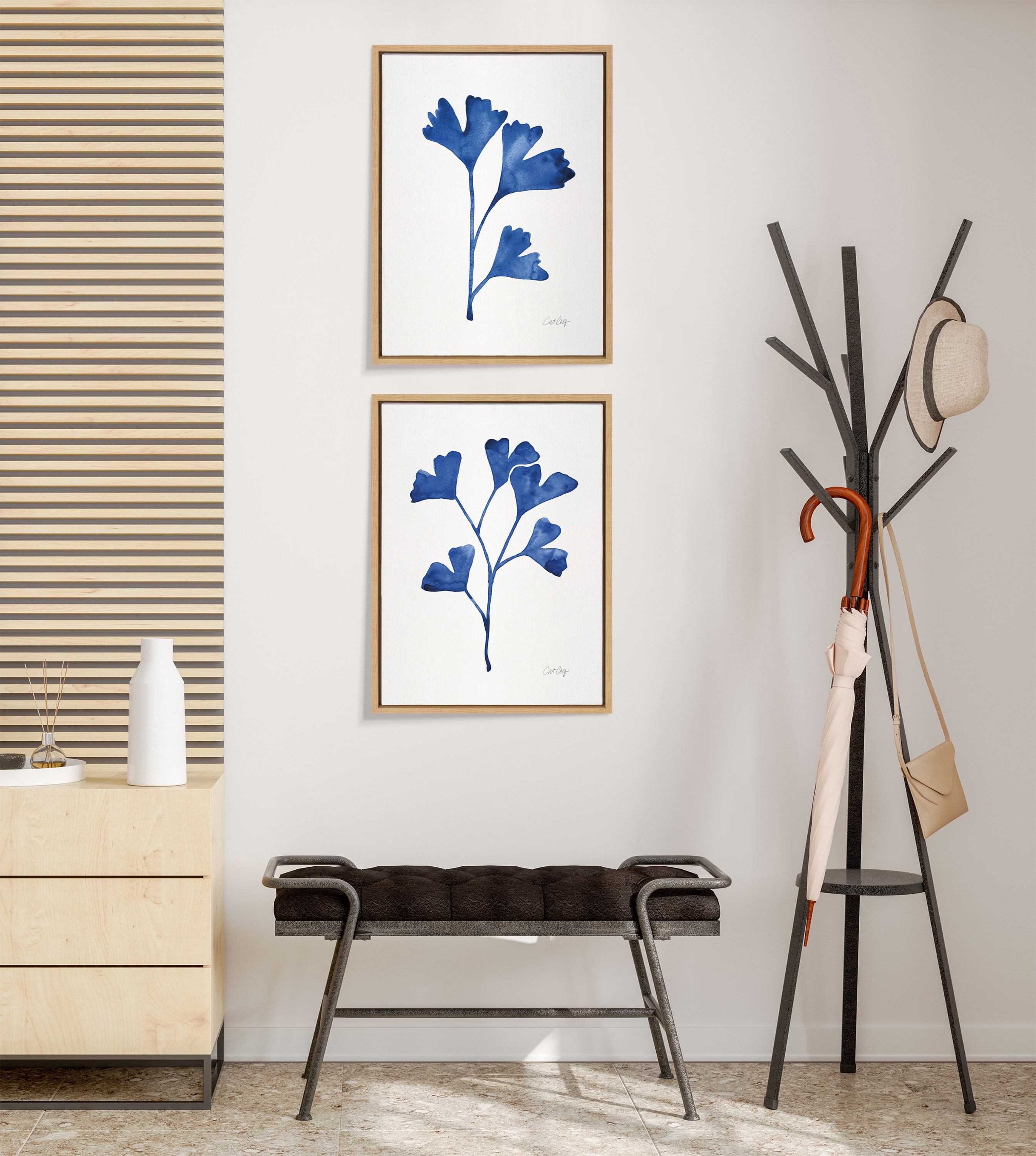 Kate and Laurel Sylvie Navy Ginkgo and Navy Ginkgo Trio Minimalist Flower Art Set Framed Canvas Wall Art, 18" x 24", Set of 2, by Cat Coquillette