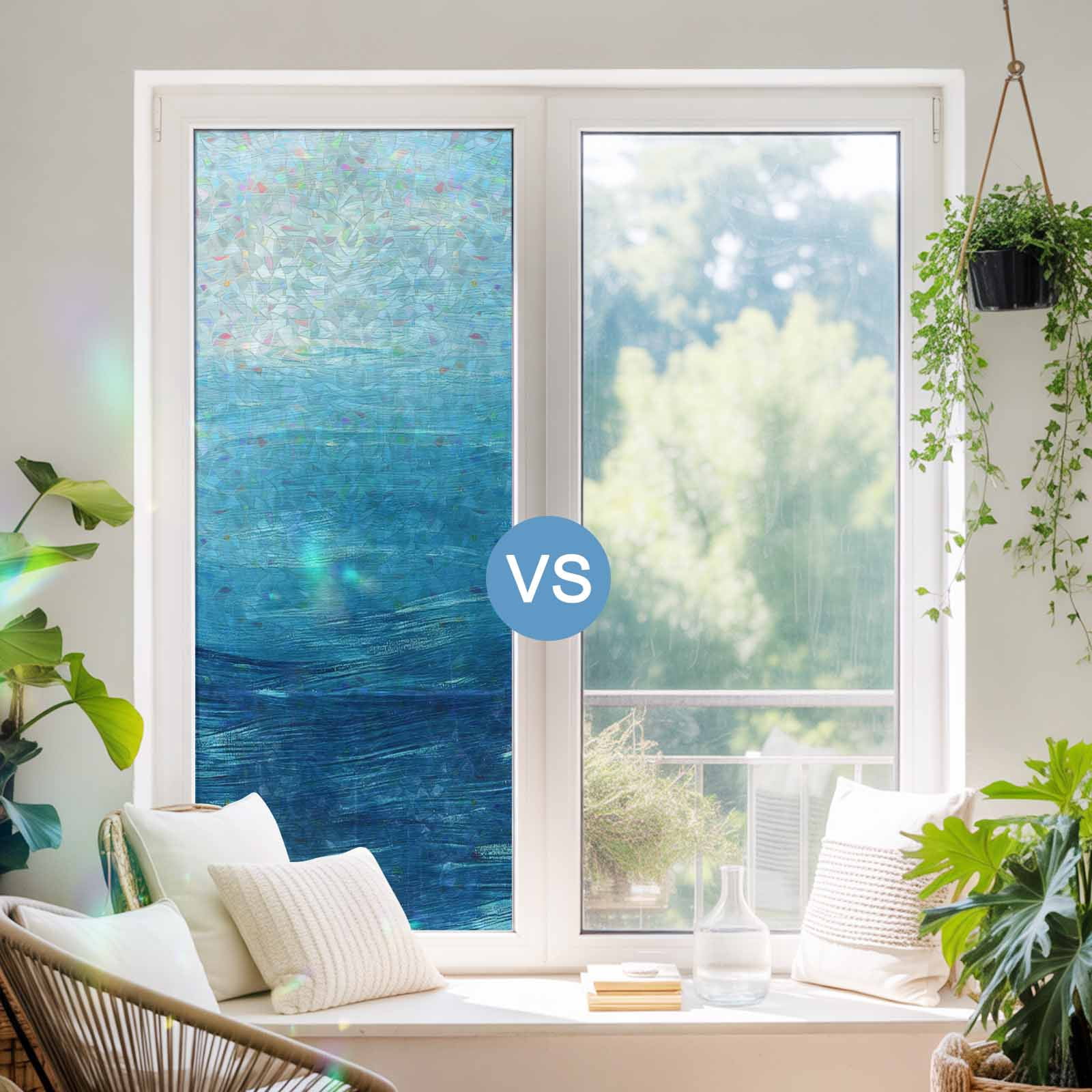 Rainbow Window Privacy Film, Sky Blue Coastal Static Cling Decorative Window Film PVC, Nautical Modern Ocean Wave No Glue UV Blocking Glass Covering, Removable Stained Glass Sticker 23.6''x59''