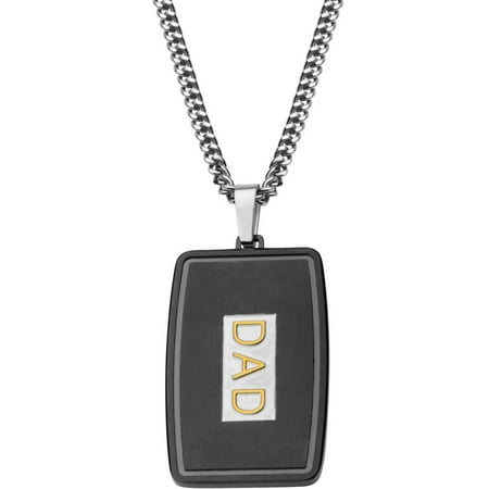 Men's Stainless Steel Gold IP DAD Engraved in Steel and Black IP Dog Tag Pendant, 24 Chain