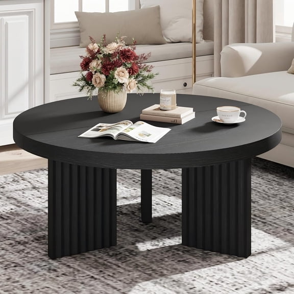 33.5" Round Coffee Table, Circle Center Table with Fluted Legs & 1.3" Thick Top, Accent Cocktail Tables for Living Room, Bedroom, Easy Assembly, Black